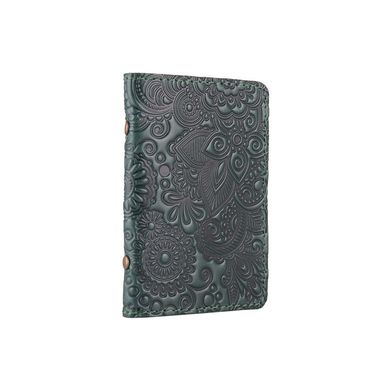 Красива зелена шкіряна обкладинка-органайзер для ID паспорта та інших документів / карт, колекція "Mehendi Art"