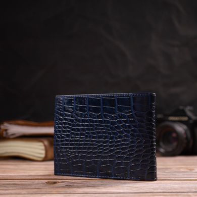 Красивый горизонтальный мужской бумажник среднего размера из натуральной кожи с тиснением под крокодила CANPELLINI 21861 Синий