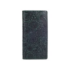 Эргономический дизайнерский зеленый кожаный бумажник на 14 карт с авторским художественным тиснением "Mehendi Art"