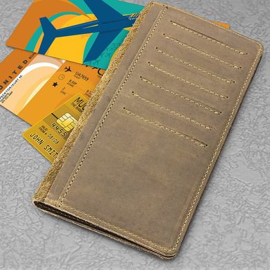 Дизайнерський гаманець на 14 карт з натуральної шкіри оливкового кольору з художнім тисненням "7 wonders of the world"
