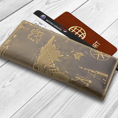 Дизайнерський гаманець на 14 карт з натуральної шкіри оливкового кольору з художнім тисненням "7 wonders of the world"