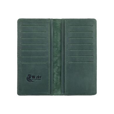 Гарний зелений шкіряний гаманець на 14 карт з авторським тисненням "Buta Art"