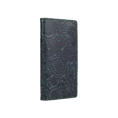 Ергономічний дизайнерський зелений шкіряний гаманець на 14 карт з авторським художнім тисненням "Mehendi Art"