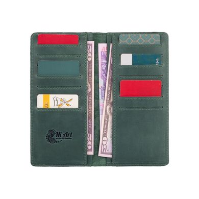 Красивый зеленый кожаный бумажник на 14 карт с авторским тиснением "Buta Art"