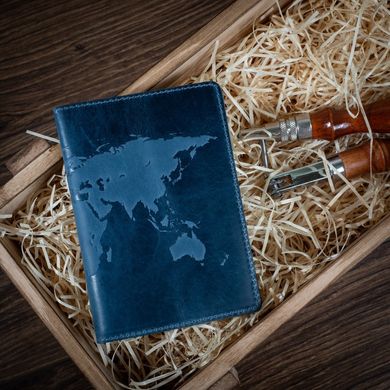 Дизайнерська шкіряна обкладинка для паспорта з відділенням для карт блакитного кольору, колекція "World Map"