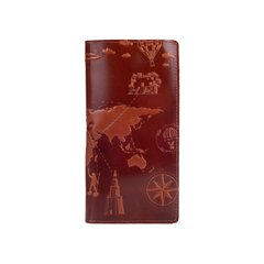Ергономічний гаманець з глянсової шкіри бурштинового кольору на 14 карт з авторським художнім тисненням "7 wonders of the world"