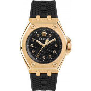 Женские кварцевые часы Philipp Plein EXTREME LADY Золотистый корпус Черный ремешок PWJAA0322