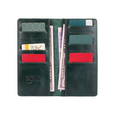 Ергономічний дизайнерський зелений шкіряний гаманець на 14 карт з авторським художнім тисненням "Let's Go Travel"
