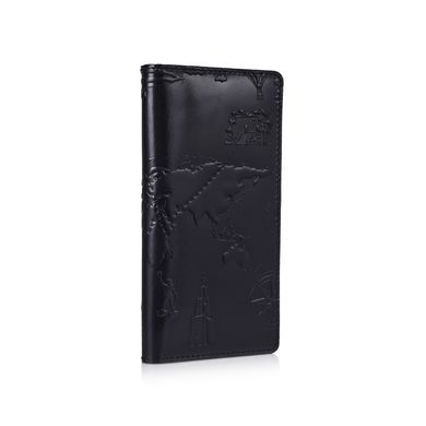 Оригінальний гаманець з глянцевою натуральної шкіри чорного кольору на 14 карт, колекція "7 wonders of the world"