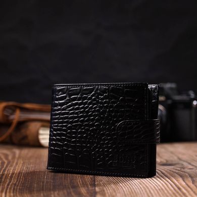 Вместительный небольшой бумажник для мужчин из натуральной кожи с тиснением под крокодила BOND 21997 Черный