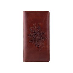 Ергономічний гаманець з глянсової шкіри коньячного кольору на 14 карт з авторським художнім тисненням "Mehendi Classic"