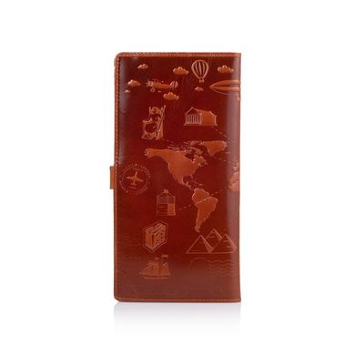 Тревел-кейс бурштинового кольору з натуральної глянцевої шкіри з авторським художнім тисненням "7 wonders of the world"