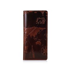 Ергономічний гаманець з глянцевої шкіри коньячного кольору на 14 карт з авторським художнім тисненням "7 wonders of the world"