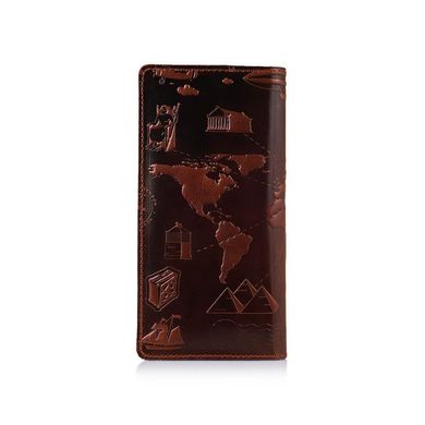 Эргономический бумажник с глянцевой кожи коньячного цвета на 14 карт с авторским художественным тиснением "7 wonders of the world"